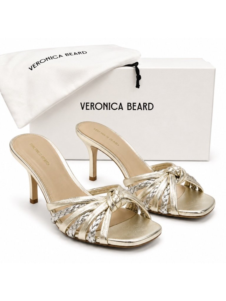 Veronica Beard Misa Knot Front Platinum Metallic Leather Heel Sandal Women's 6